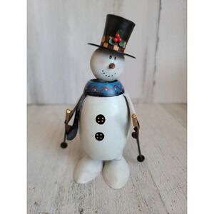 Vintage rustic metal snowman bobbleheads skiing hiker Xmas figure